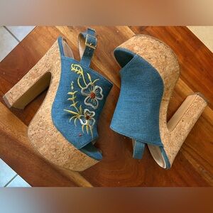 Embroidered Cork Platform Heels